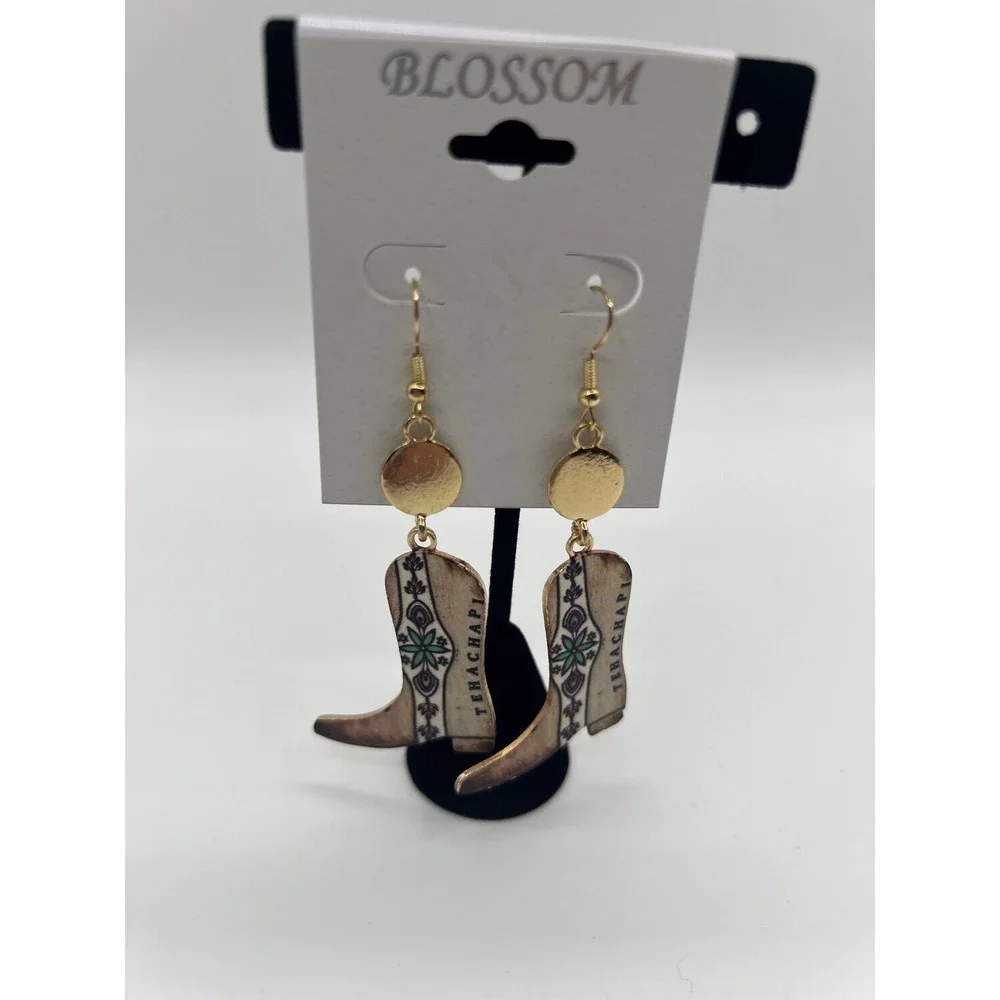 Blossom Tehachapi Cowboy Boot Drop Earrings Gold Tone Western Boho Dangle NEW